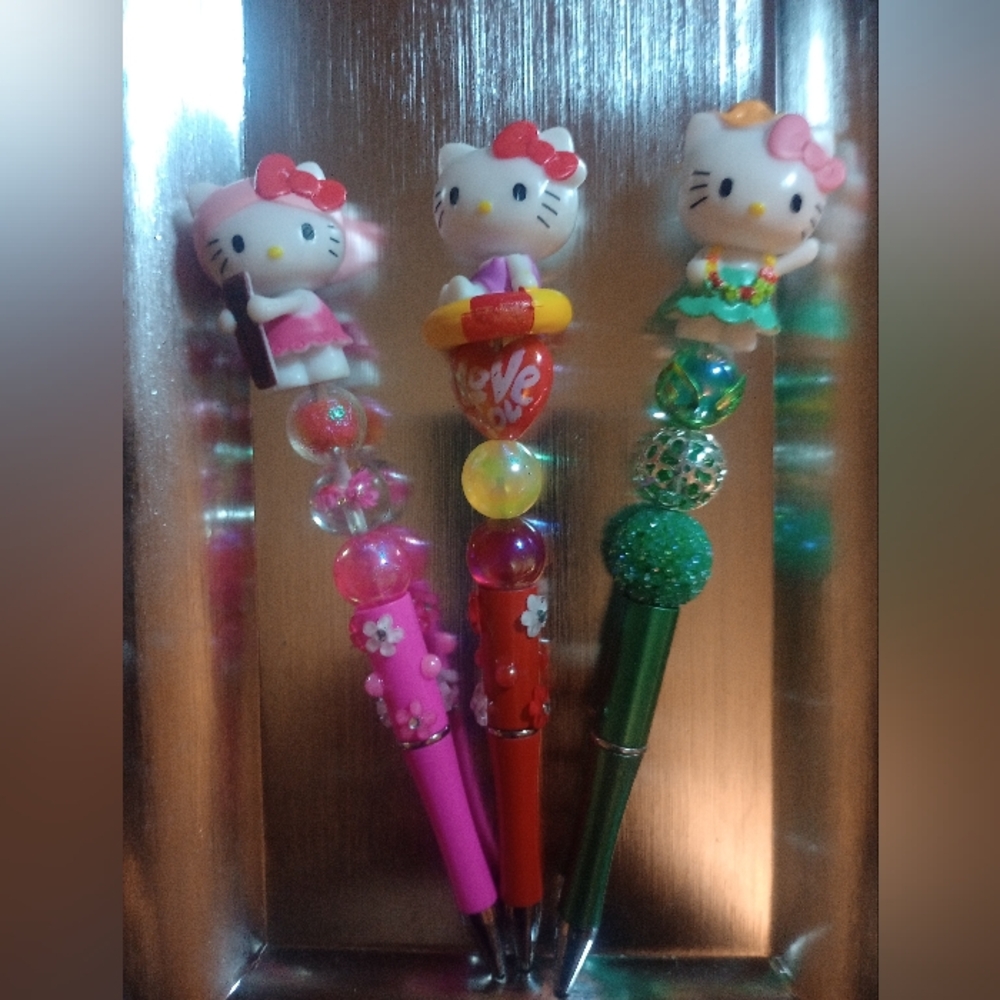 Three Hello Kitty  HK hand designed beaded pen.